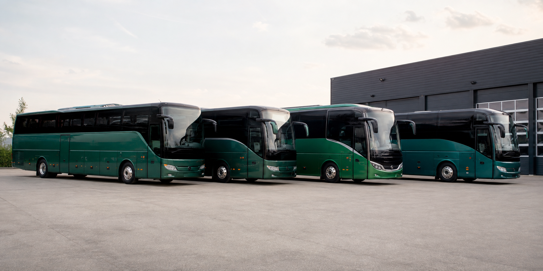 Flota de autocares verdes aparcados